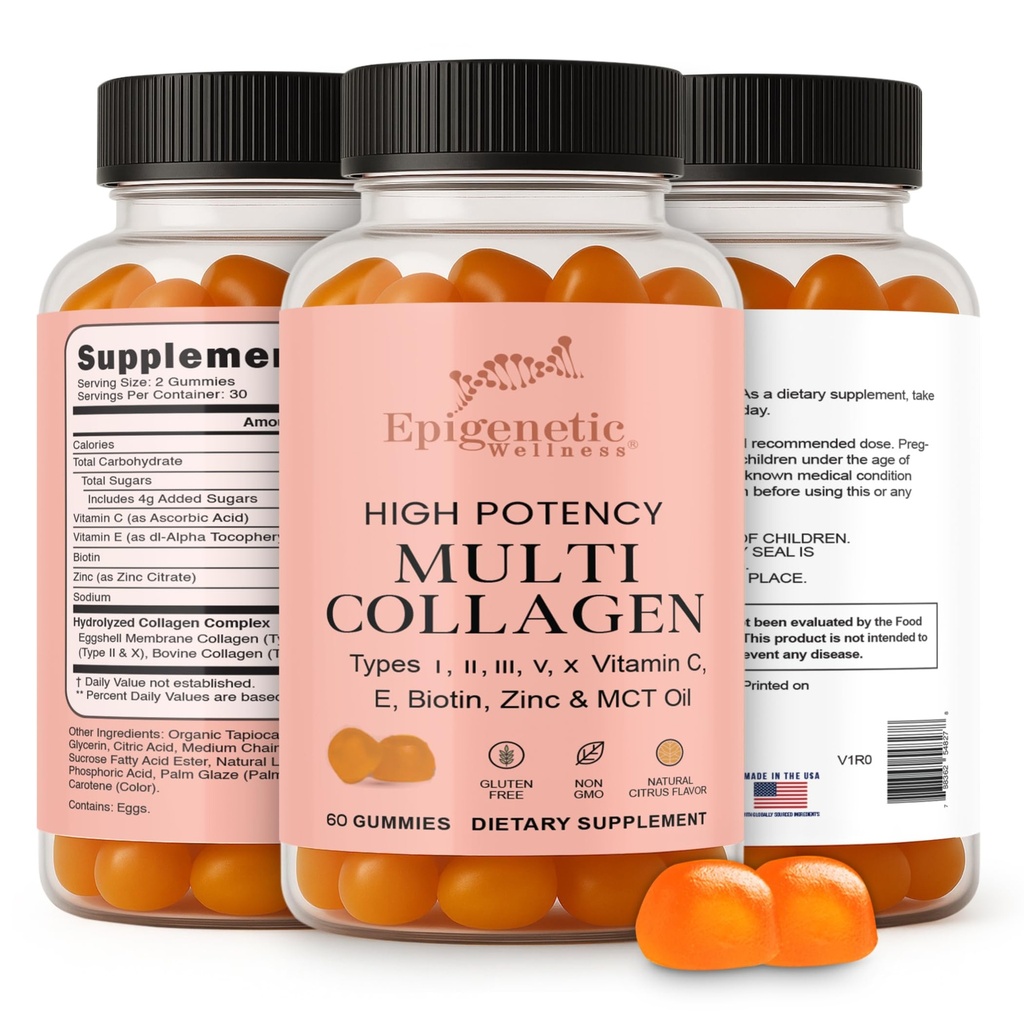 High Potency Multi Collagen Gummies with Types I II III V X Plus Vitamin C, E Biotin and Zinc for Skin Elasticity Joint Support Hair Nail Health and Daily Wellness Collagen Supplement