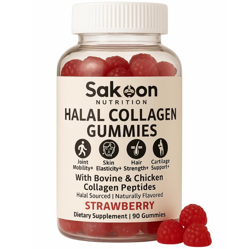 Sakoon nutrition Halal Certified Collagen Peptides Gummies | (Type I, II & III) Collagen Gummies for Women & Men | 90 Naturally Flavoured Strawberry Gummy to Support Hair, Skin, Joints & Nails | USA