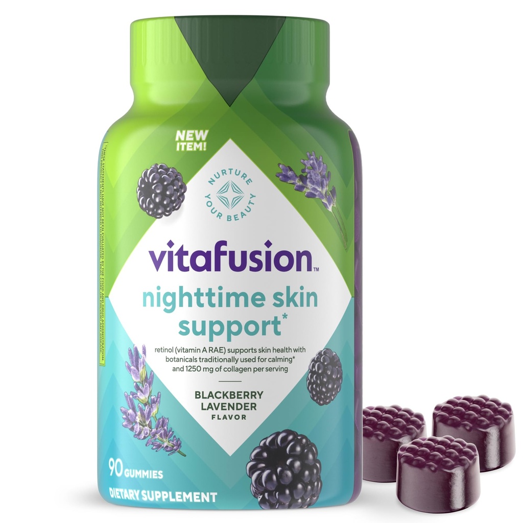 vitafusion Nighttime Skin Support (1), Beauty Supplement with Retinol (Vitamin A RAE), Collagen & Bedtime Botanicals, BlackBerry Lavender Flavor, 90 Count