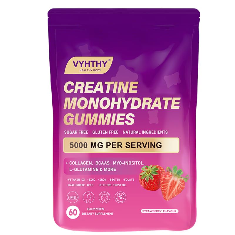 Creatine Monohydrate Gummies – with Collagen, BCAAs, L-Glutamine, Biotin, Zinc, Vitamin D3 & Hyaluronic Acid – Daily Pre & Post Workout Recovery, Sugar-Free (60 Gummies)