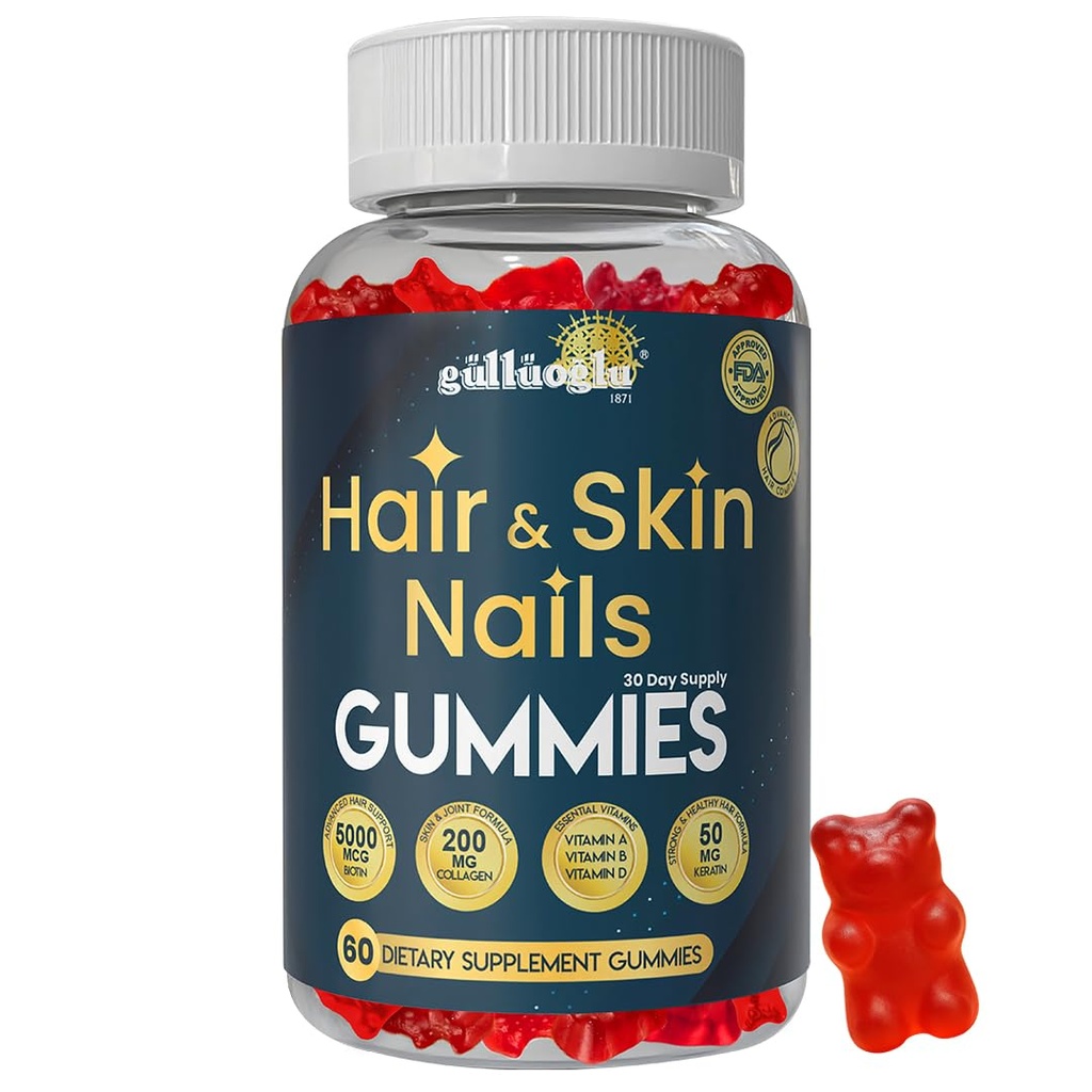 SINCE 1871 GÜLLÜOGLU Hair, Skin & Nails Gummies – Biotin 5000 mcg, Collagen 200 mg & Keratin 50 mg – with MSM, Bamboo & Vitamins A, C, D, E – Gluten-Free, Non-GMO, 60 Berry Gummies