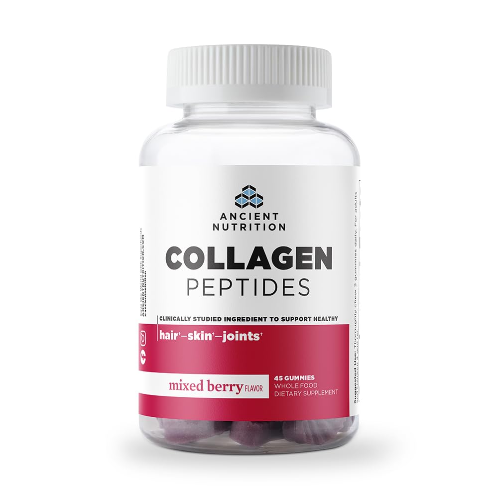 Ancient Nutrition Collagen Peptides Gummies, Collagen Peptides Mixed Berry Chewable Gummies, Supports Healthy Skin, Joints, Gut, Keto and Paleo Friendly, 45 Count, 500mg Collagen per Serving