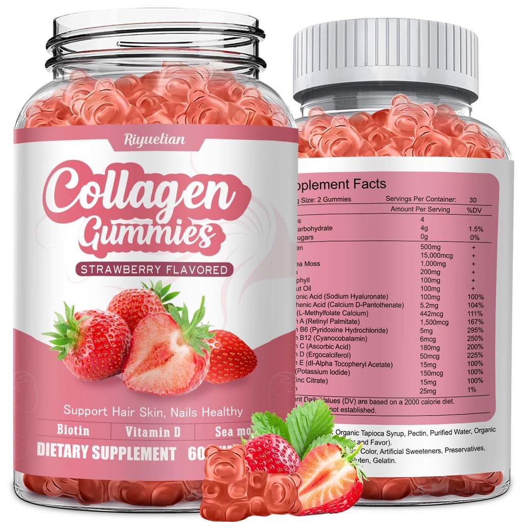 Collagen Gummies with Vitamin C, Zinc and Biotin, Strawberry Flavor Beauty Supplement, Hydrolyzed Collagen Peptides Supplement for Hair, Skin, Nails & Wrinkles, Non-GMO, Gluten Free, 60 Gummies