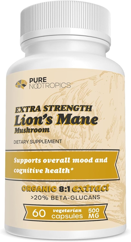 Pure Nootropics - Organik Lion's Mane 8:1 Mushroom 500 mg | Dual Extract | 60 Vejetaryen Caps | >20% beta-glucans | Hericium erinaceus | Brain Health