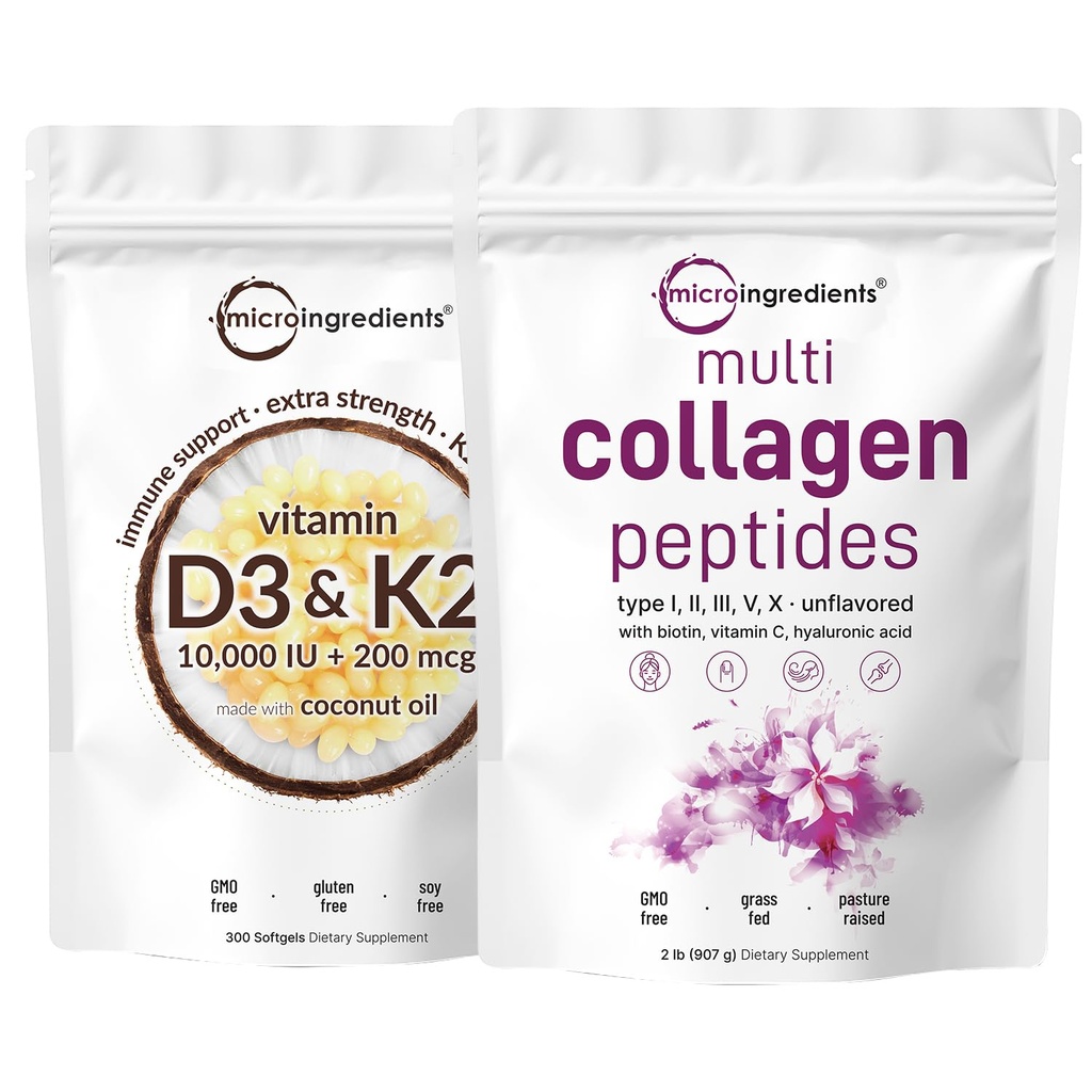 Micro Ingredients Multi Collagen Protein Powder 2lbs & Vitamin D3 10,000iu + K2 200mcg Coconut Oil Softgels Bundle 2 Pack | Grass-Fed Collagen Peptides | Essential Sunshine Vitamins
