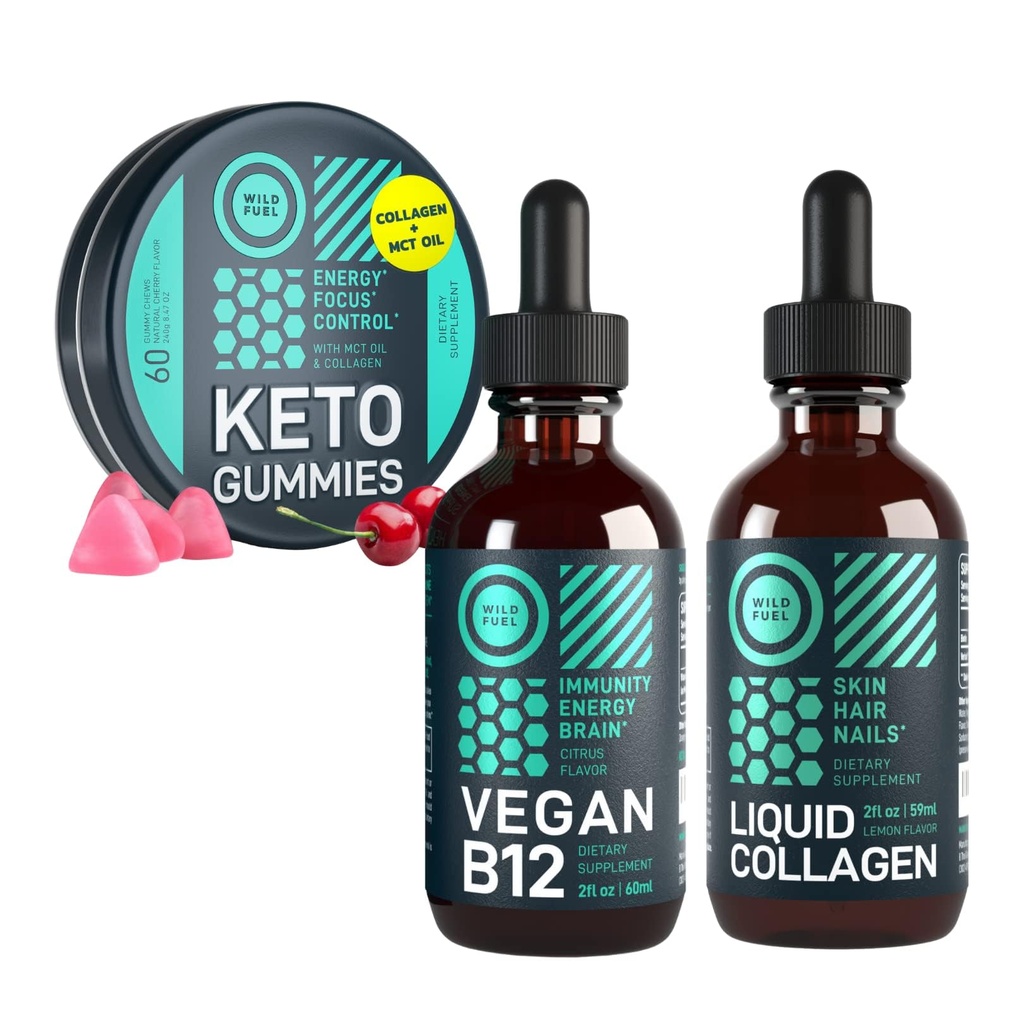 WILD FUEL Liquid B12, Keto Gummies and Liquid Collagen with Biotin Bundle
