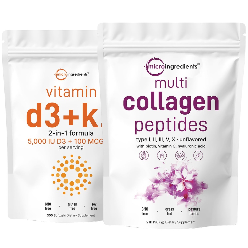 Micro Ingredients Vitamin D3 5,000iu + K2 100mcg Softgels & Multi Collagen Protein Powder Bundle 2 Pack | Essential Sunshine Vitamins | Grass-Fed Collagen Peptides
