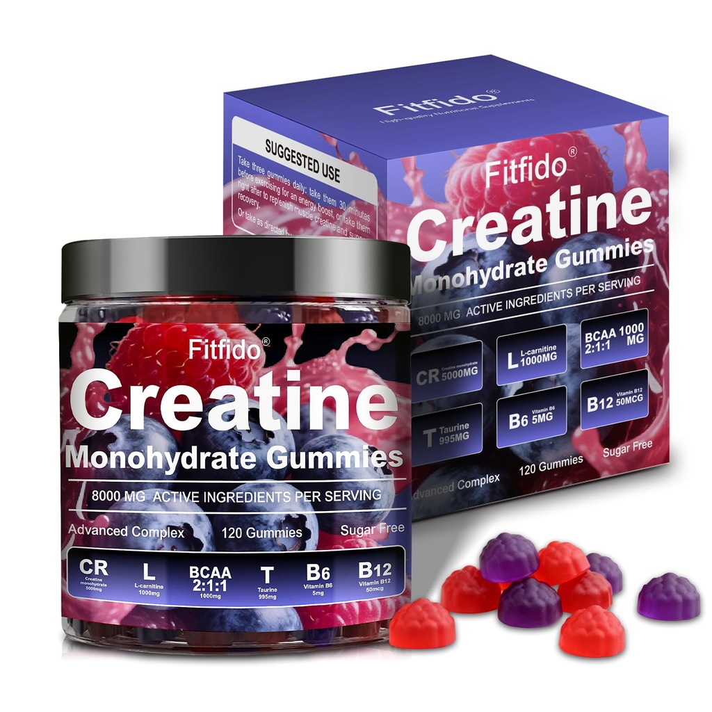 Tinatine Monohidrat Gummies Kompleks 8000 mg for Men and Women, Coning L-carnitine & Taurine, Build Muscle, Boost Energy, Faster Recovery, Sugar Free & Vegan, Raspberry & Blackberry, 120 Kont