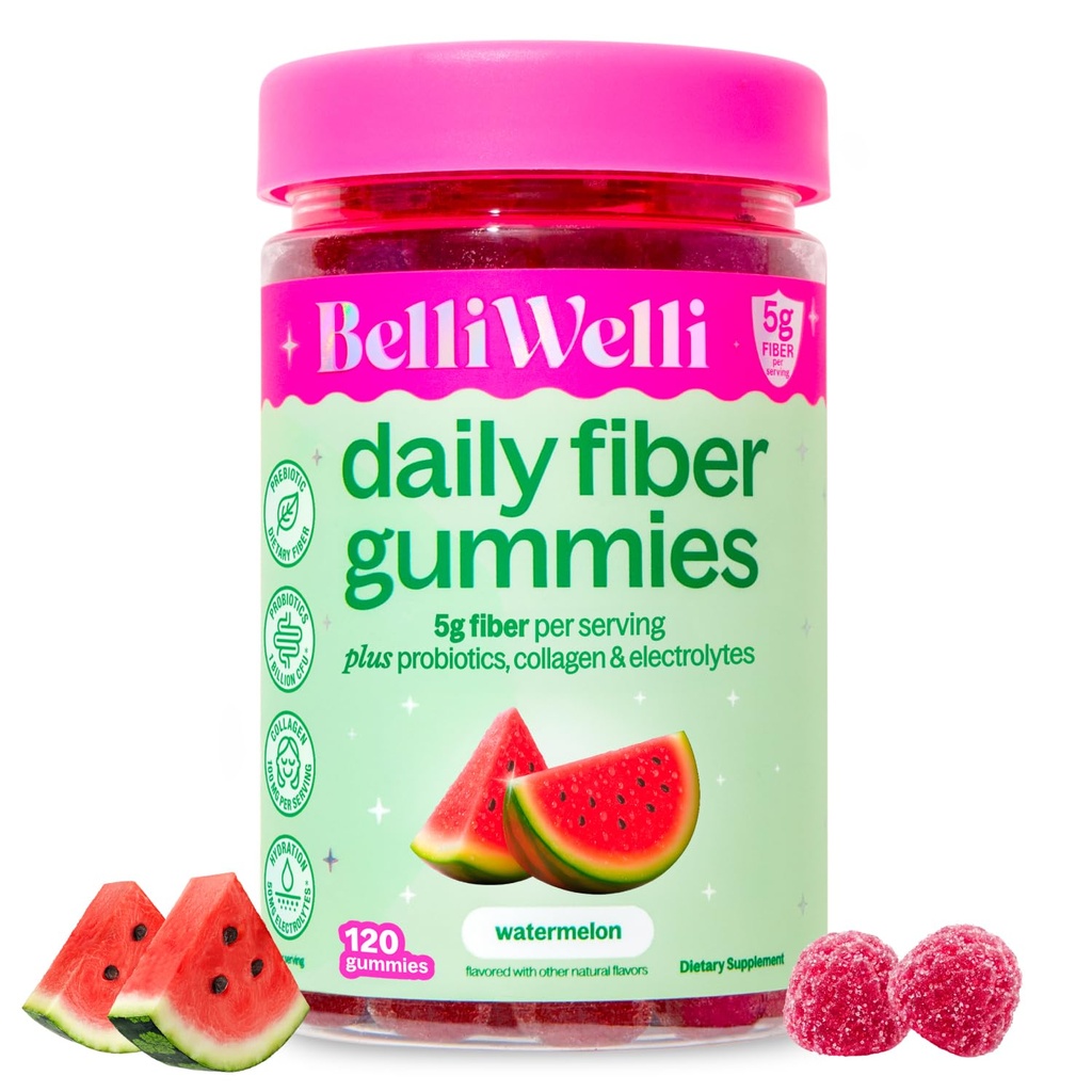 Belli Welli Fiber 4-in-1 Fiber Gummies Supplement with Added Probiotics, Collagen and Electrolytes for Regularity and Bloat Relief, Watermelon, 120 Count