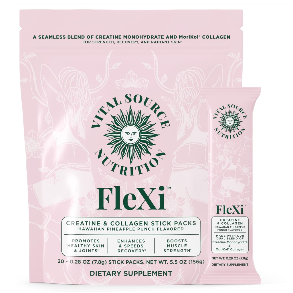 Vital Source Nutrition - Flexi - Creatine & Collagen Stick Packs - 5g Creatine Monohydrate + 1g MoriKol Collagen -Supports Strength, Recovery & Skin Health -20 Servings