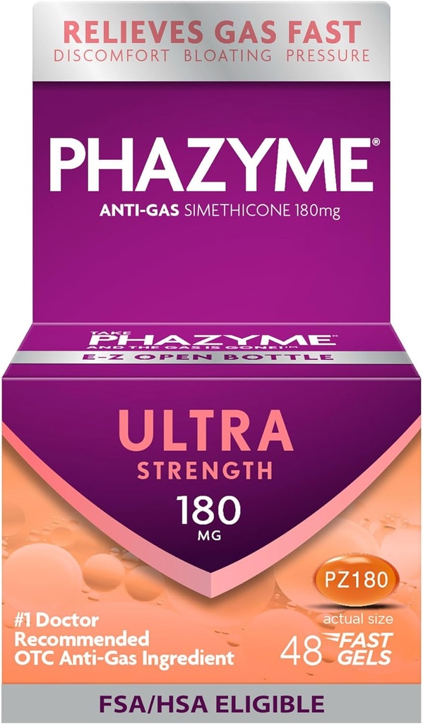 Phazyme Gas Relief, Ultra Strength Gas and Bloating Relief for Yetişkinler, 180 mg Simethicone Fast Gels, 48 Kont