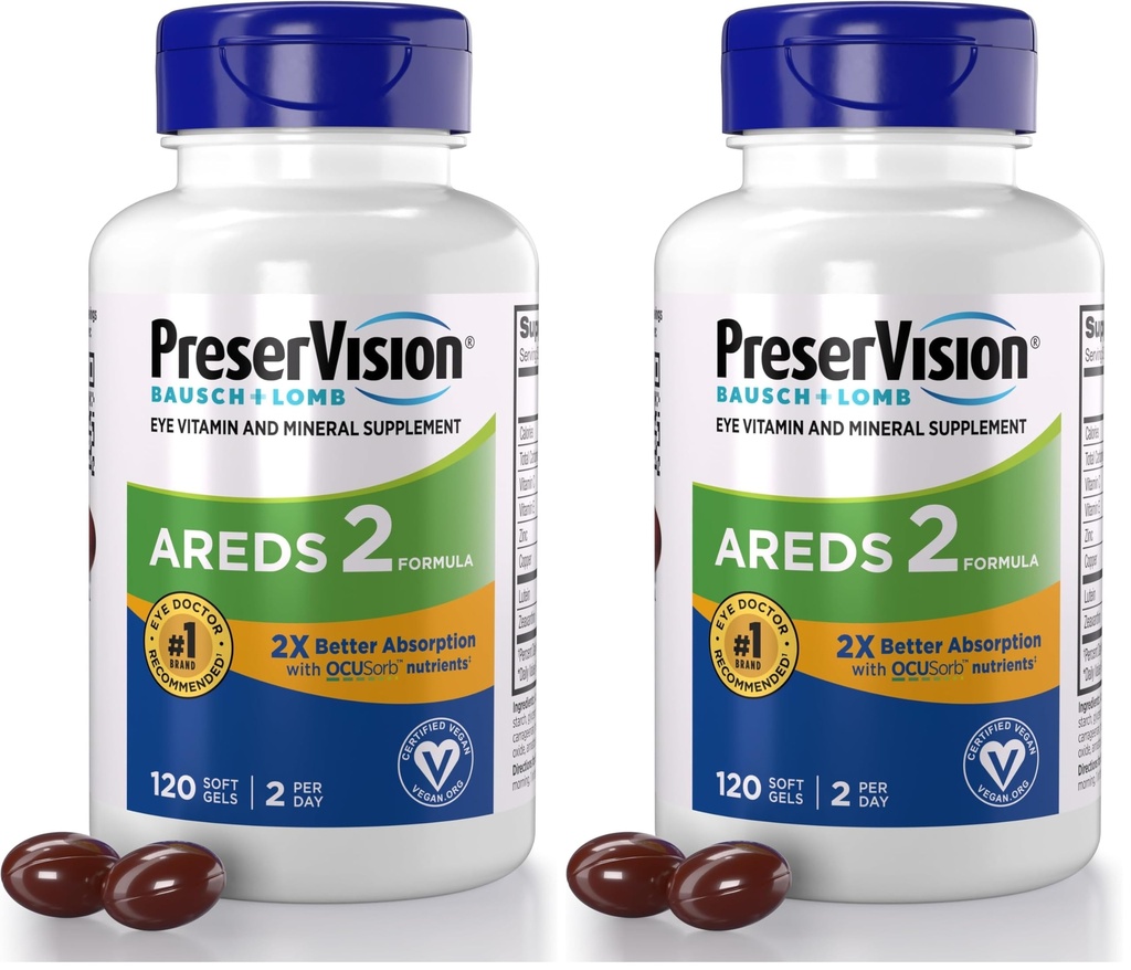PreserVision AREDS 2 Eye Vitamin & Mineral Supplement with OCUSorb,120 Vegan Soft Gels,Contains Lutein,Zeaxanthin,Vitamin C & E,Zinc,&-Copper,Eye Health Supplements for Adults,(Pack of 2)