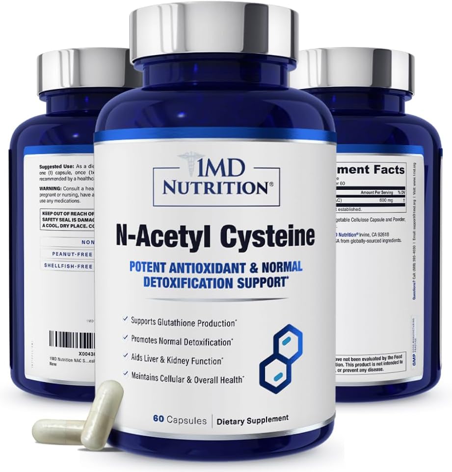 1MD Beslenme NAC Supplement N-Acetyl Cysteine - NAC 600 mg - Antioksi Supports Detox and Glutathione Production - N Acetylsteine Respiratory Supplement for Lung Health - 60 Capsules