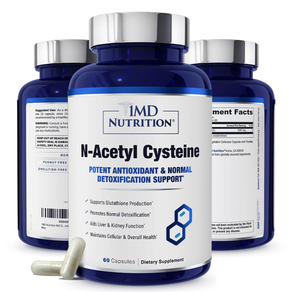 1MD Nutrition NAC Supplement N-Acetyl Cysteine - NAC 600 mg - Αντιοξειδωτικά Υποστηρίζει Detox και Glutathione Παραγωγή - N Acetylcysteine αναπνευστικό συμπλήρωμα για την υγεία του πνεύμονα - 60 κάψουλες