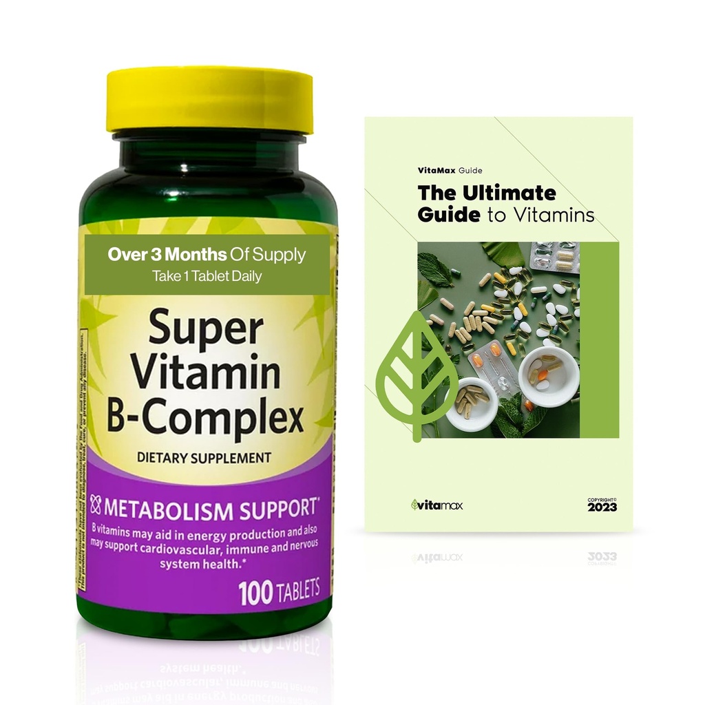 Spring Valley Super Vitamin B-Complex Tablets Dietary Supplement Value Size, 100 Count (Over 3 Months Supply) + Exclusive VitaMax Vitamin Guide (2 Items)