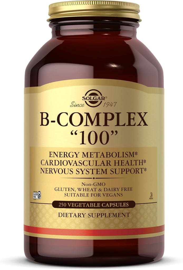 Solgar B-Complex “50”, 100 Vegetable Capsules - Energy Metabolism, Cardiovascular Support, Nervous System Support - Non-GMO, Vegan, Gluten Free, Dairy Free, Kosher - 100 Servings
