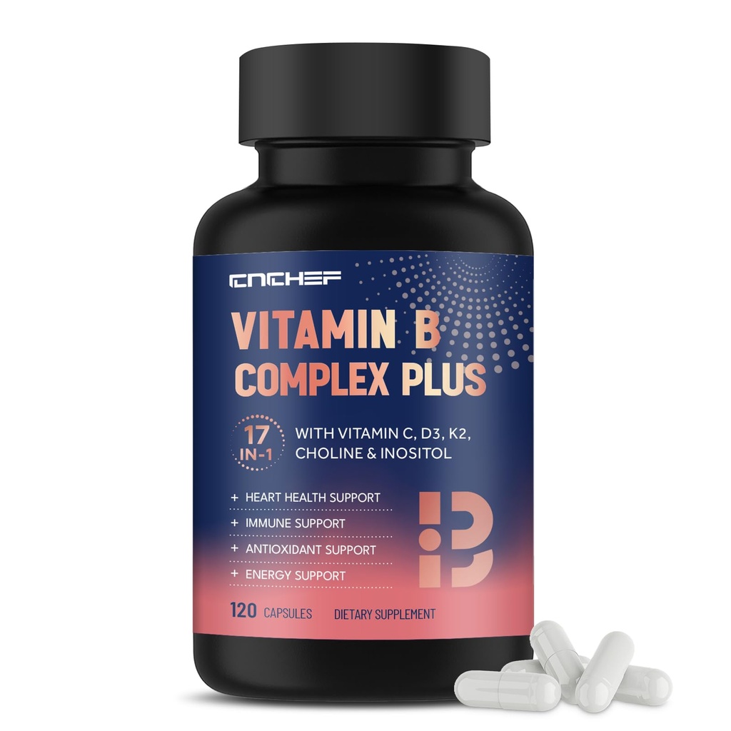 17-in-1 Vitamin B Complex Plus – Vitamin B1, B2, B3, B4, B5, B6, B7 (Biotin), B8 (Inositol), B9, B12, C, D3, K2, Energy, Immune, Skin, Nerve Support for Men & Women - 120 Capsules