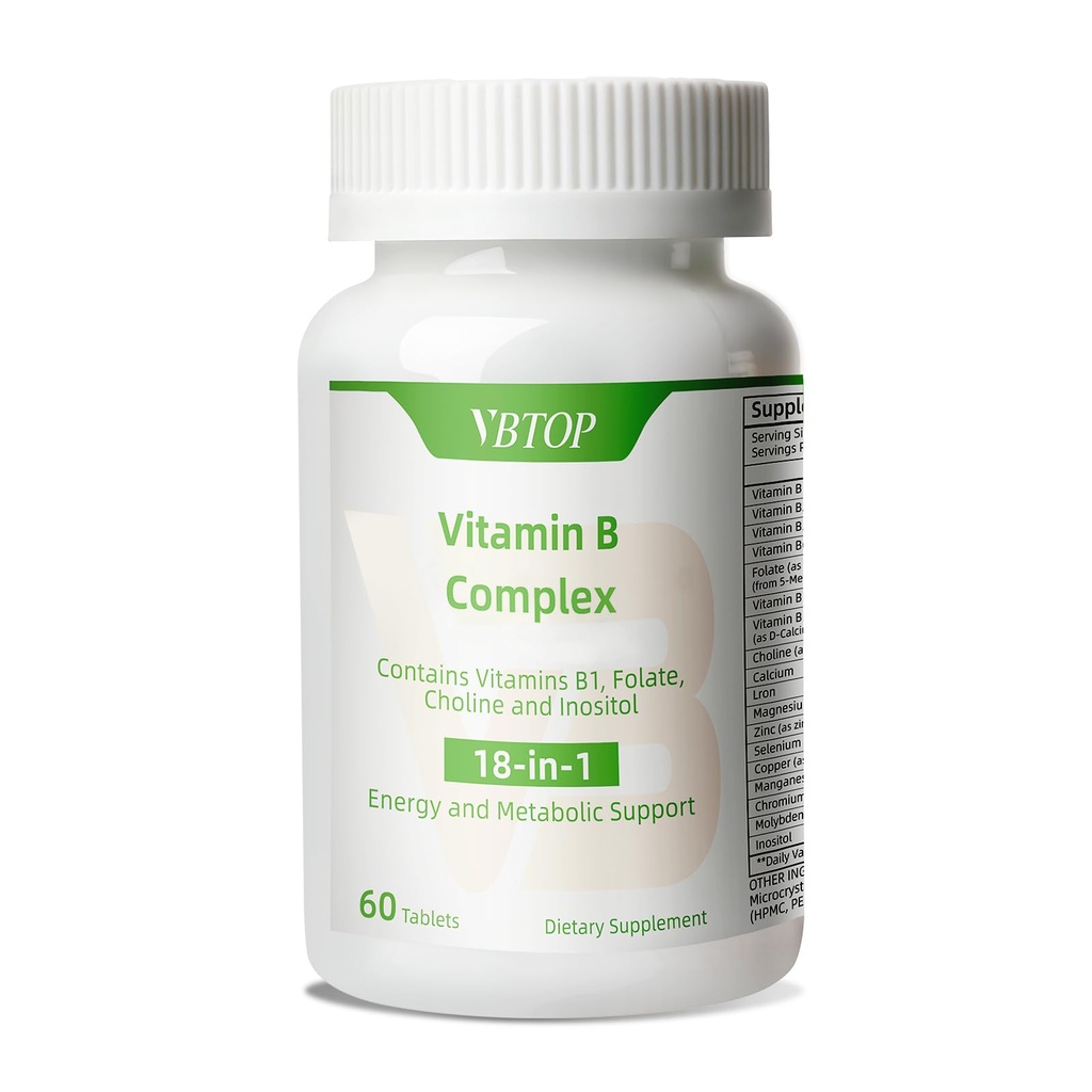 Vitamin B Complex, with Vitamins B1, B2, B3, B5, B6, B12, folic Acid, Choline, zinc, Calcium, inositol, for Brain and Heart Health, Immune Health, and Cellular Energy Support, 60 Tablets