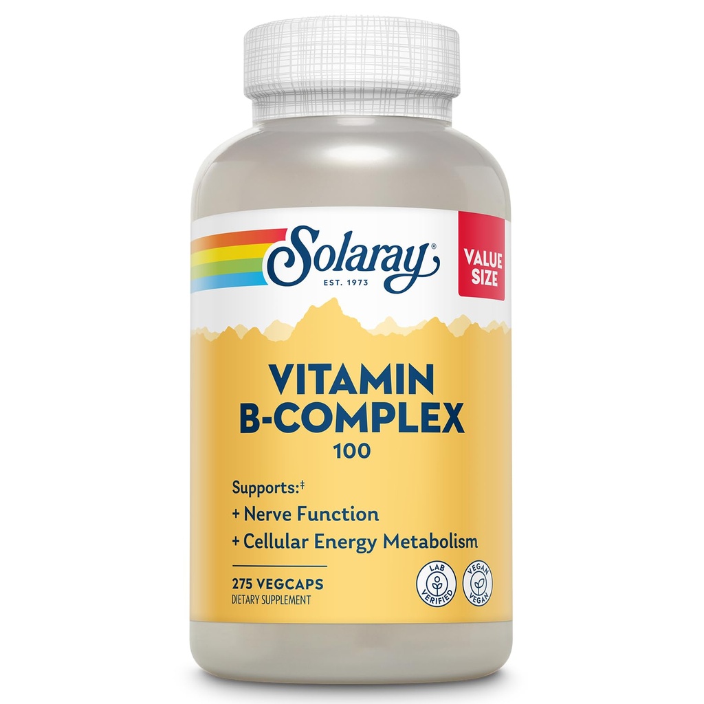 SOLARAY Vitamin B Complex 100mg - Cellular Energy, Nerve and Heart Health Support - Supplies All 8 B Complex Vitamins - Vitamin B12, B1, B2, B3, B6, Niacin, Folic Acid and Biotin - Vegan, 275 Servings