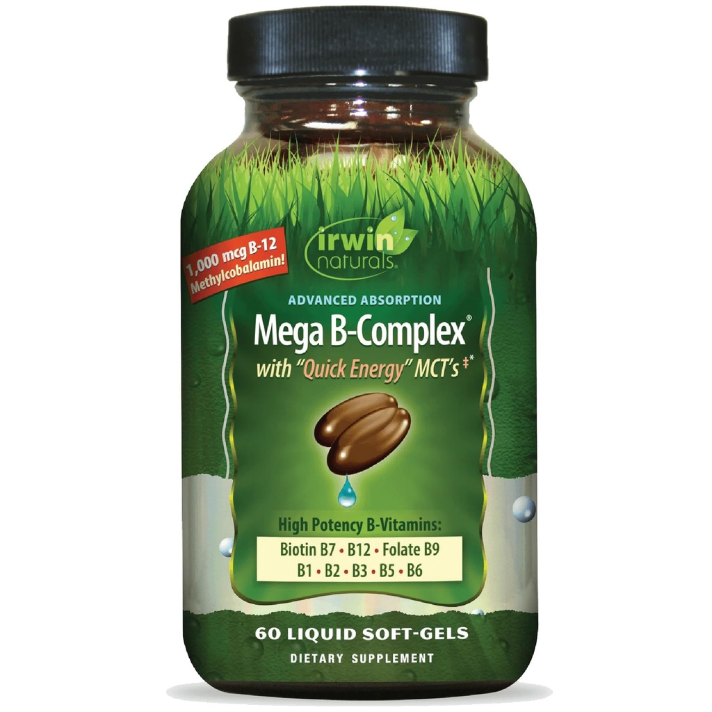 Irwin Naturals Mega B-Complex - 60 Liquid Softgels - Vitamin B Complex with Vitamin B12, Folate B9, Biotin B7, B1, B2, B3, B5, B6, and Quick Energy MCTs