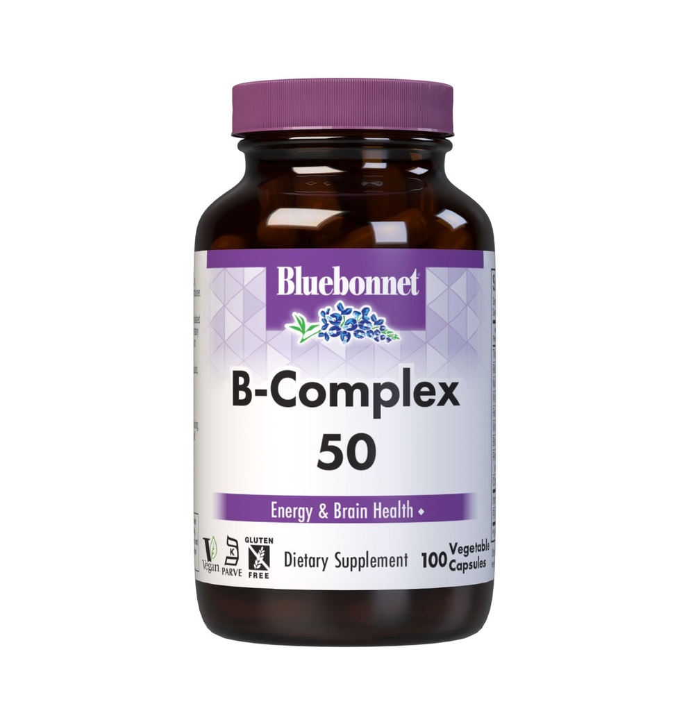 Bluebonnet Vitamin B Complex Full Spectrum B Vitamins - Energy Support - Complete Vit B Inositol Biotin Riboflavin Folate as Folic Acid Choline B6 & B12 - Vegan, Gluten-Free - 100 Vegetable Capsules
