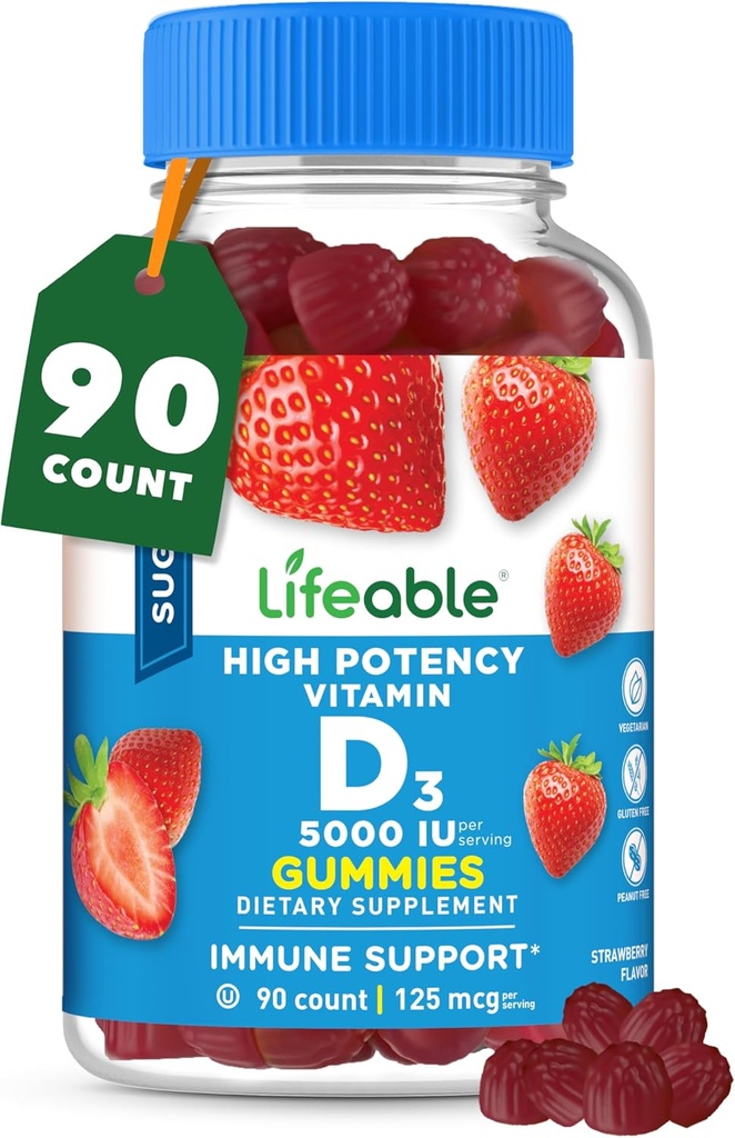 Lifeable Sugar Free Vitamin D 5000 IU - Great Tasting Natural Flavor Gummy Supplement - Gluten Free Vegetarian GMO-Free Chewable - for Immune Support and Bone Health - for Yetişkinler - 90 Gummies