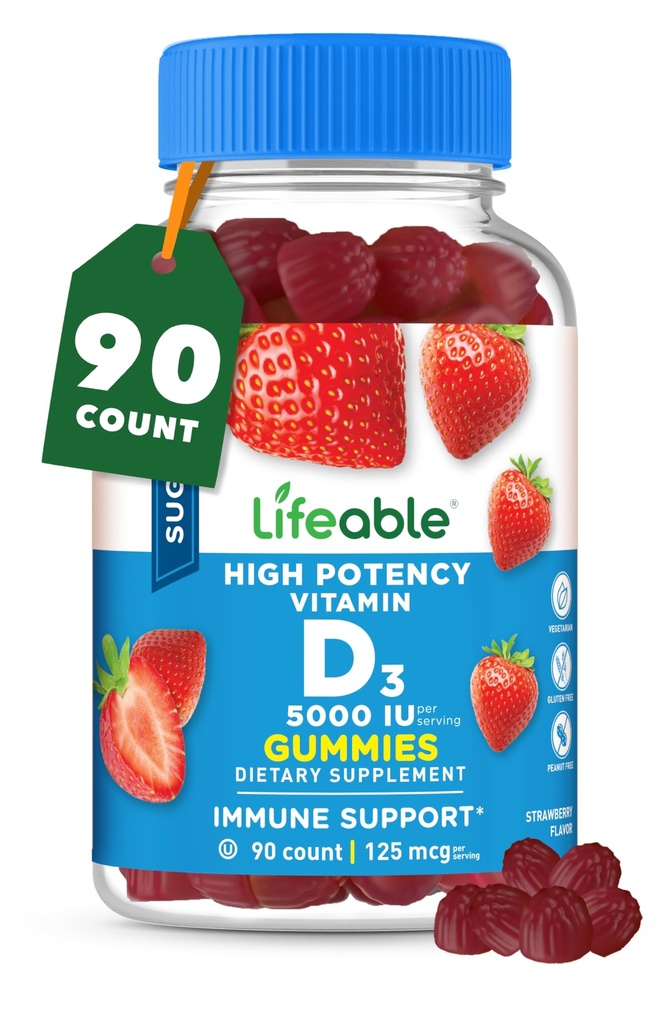 Lifeable Sugar Free Vitamin D 5000 IU - Great Tasting Natural Flavor Gummy Supplement - Gluten Free Vegetarian GMO-Free Chewable - for Immune Support and Bone Health - for Yetişkinler - 90 Gummies
