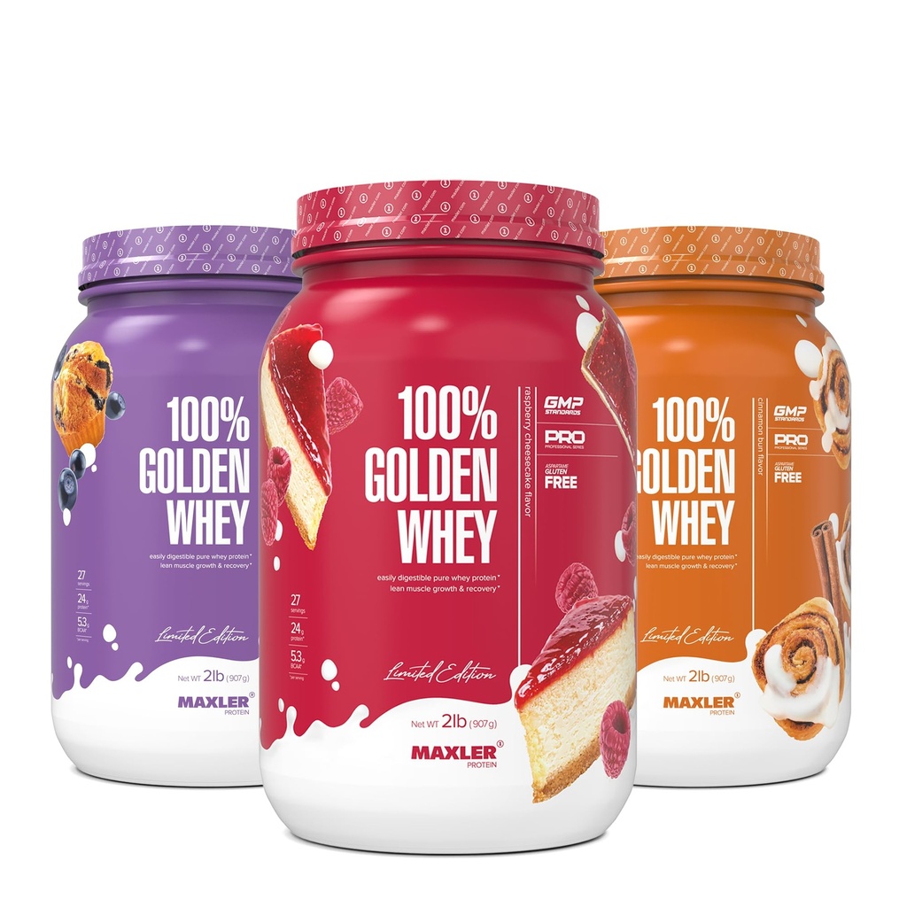 Maxler 100% Golden Whey Raspberry Cheesecake, Blueberry Muffin, Cinnamon Bun Bundle