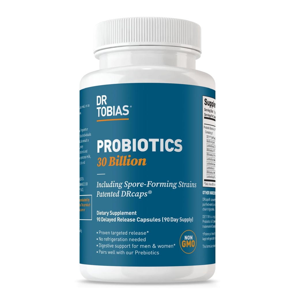 Dr. Tobias Probiotics 30 Billion, 10 Strains, 30 Billion CFU's, Στοχευμένη απελευθέρωση Probiotics για γυναίκες & άνδρες, Υποστηρίζει Digestive Υγεία, Ράφι-Stable, Μη-GMO, 90 κάψουλες, 90 Υπηρεσίες