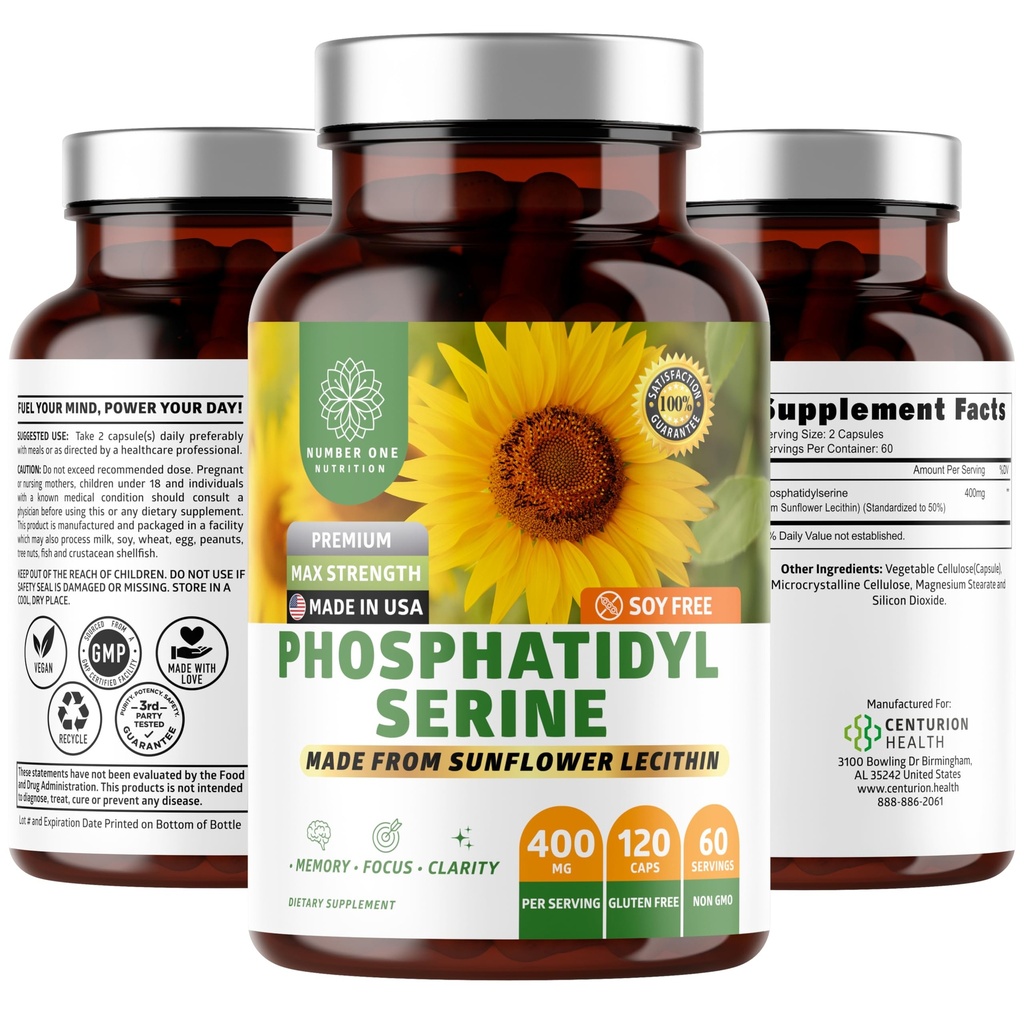 Number One Nutrition Premium Phosphatidylserine 400mg, Derived from Sunflower Lecithin to Help Support Memory, Focus & Cognition Naturally, Soy Free, 120 Veg Caps