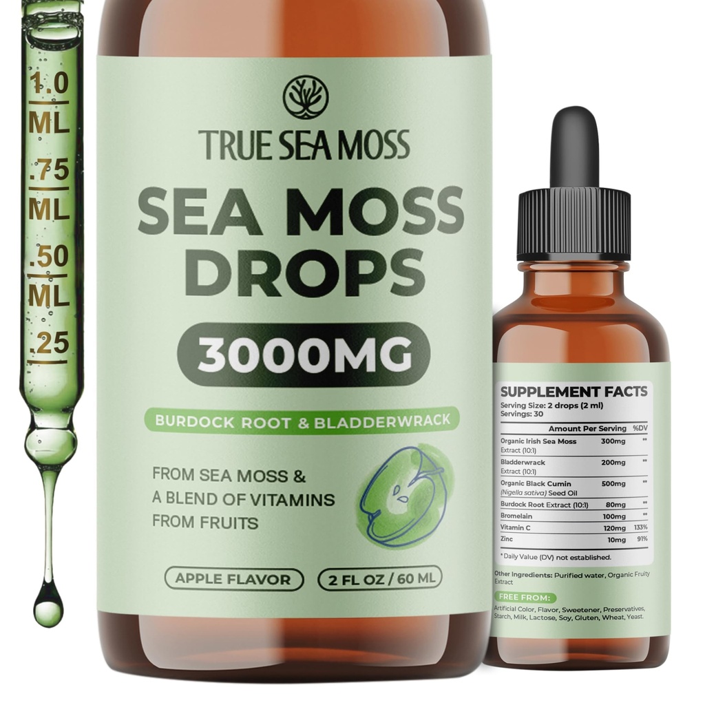 TrueSeaMoss 3000 mg İrlandalı Deniz Moss Burdock Root & Bladderwrack for Digestive System & Muscle Recovery Support - 2 Fl Oz Apple NW1