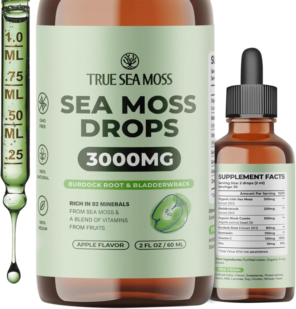 TrueSeaMoss 3000 mg İrlandalı Deniz Moss Burdock Root & Bladderwrack for Digestive System & Muscle Recovery Support - 2 Fl Oz Apple NW1