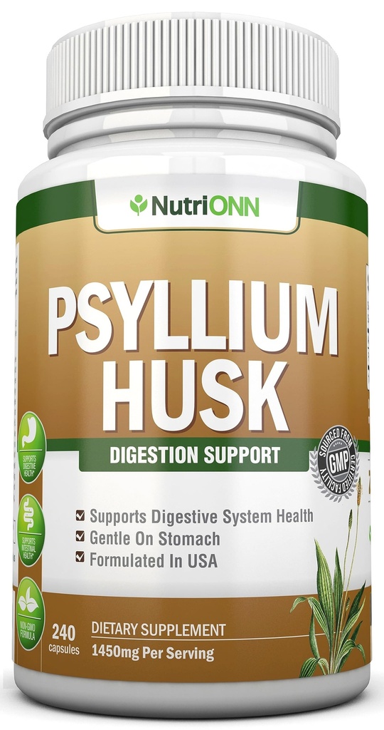 NutriONN PSYLLIUM Husk Capsules - 1450mg Per Serving - 240 Capsules - Double Strength - Premium Psyllium Fiber Supplement - Great for Digestion and Regularity - 100% Natural Soluble Fiber