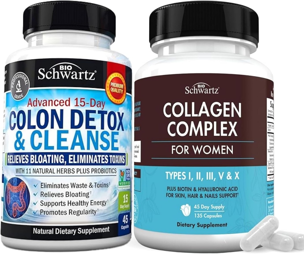 BioSchwartz 15 Günlük Kolon ve Gut Health Plus Hydrolyzed Collagen Peptide Capsules (45 Day Supply)