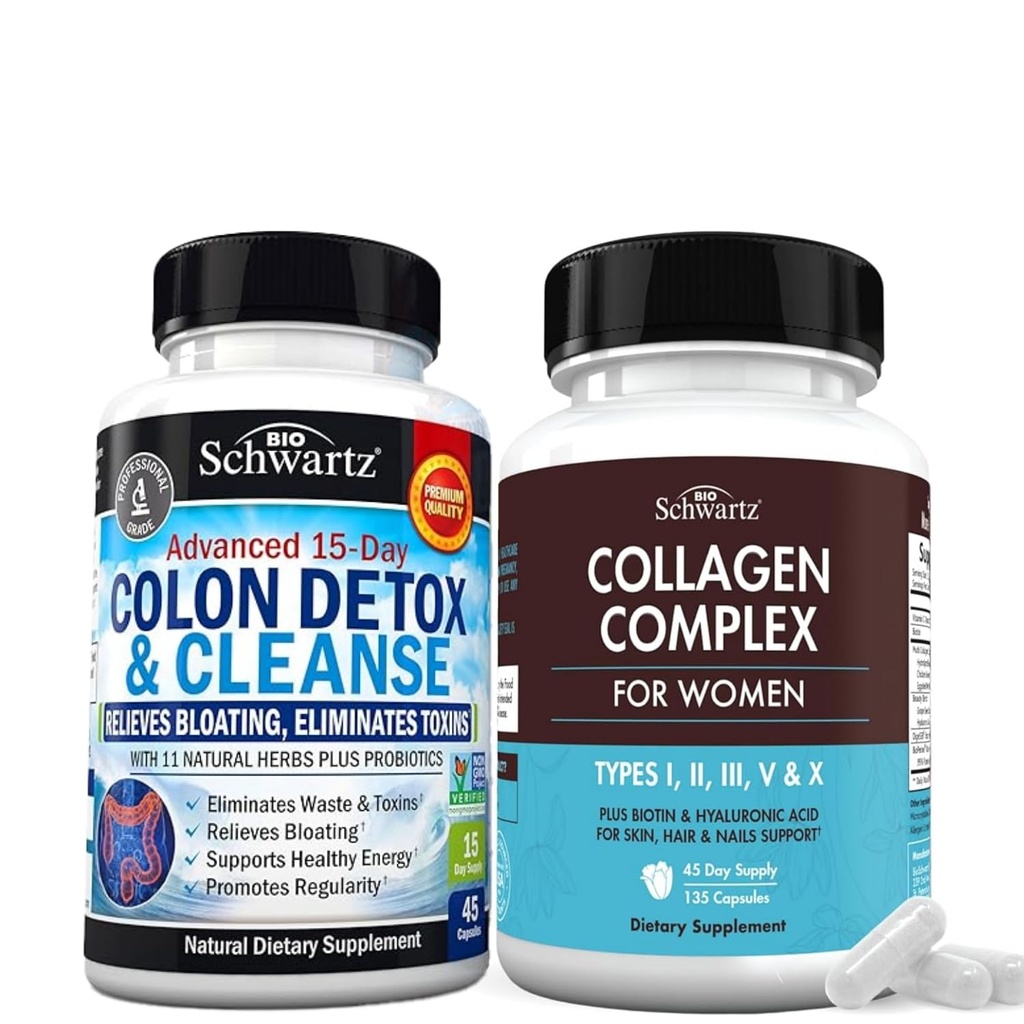 BioSchwartz 15 Günlük Kolon ve Gut Health Plus Hydrolyzed Collagen Peptide Capsules (45 Day Supply)