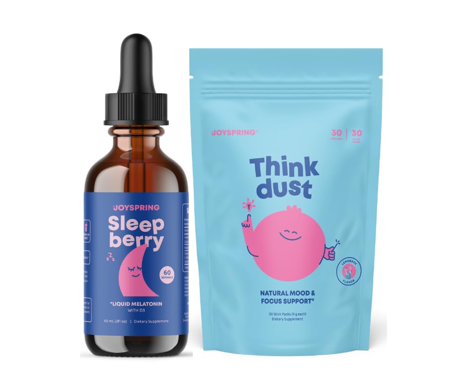 JoySpring Kids Sleep & Calm Bundle | Sleepberry Liquid Melatonin 3 mg Drops (2 oz) + Think Dust Magnesium Saffron Stick Packs | Sugar Free, Vegan, Bedtime & Daily Routine Support for Kids Ages 3+