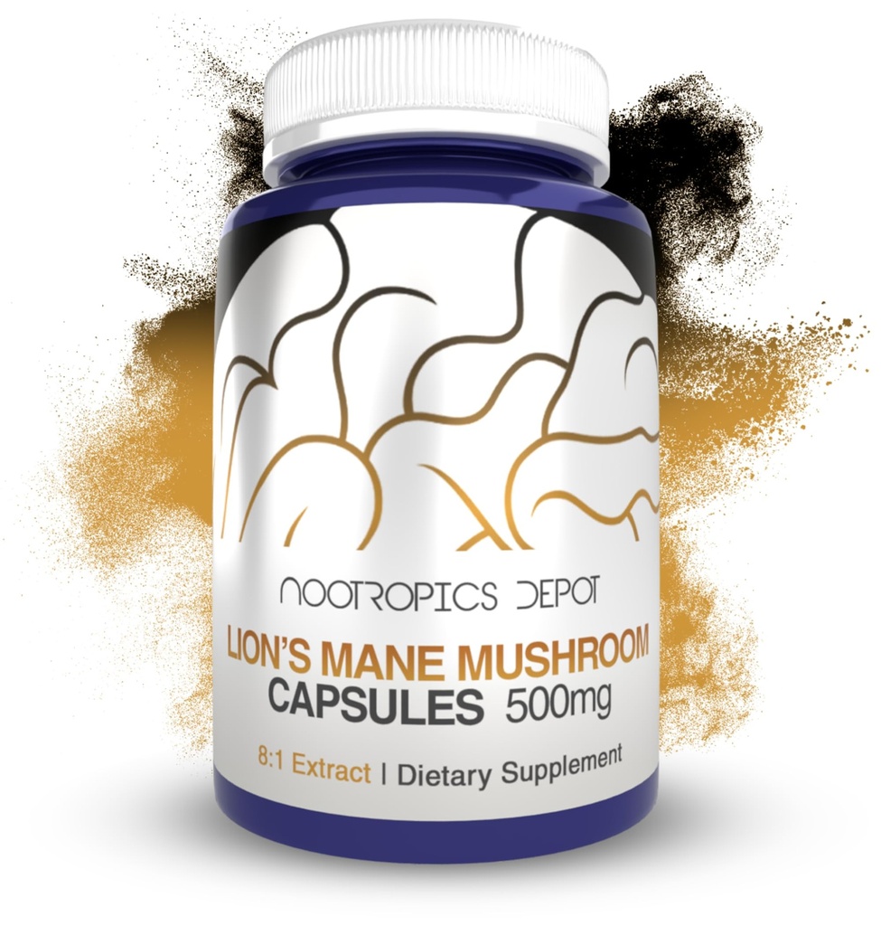 Nootropics Depot Lions Mane Mushroom Capsules | 8:1 Bütün Meyveli Vücut Çiftliği | 500 mg | 180 Kont | Hericium erinaceus