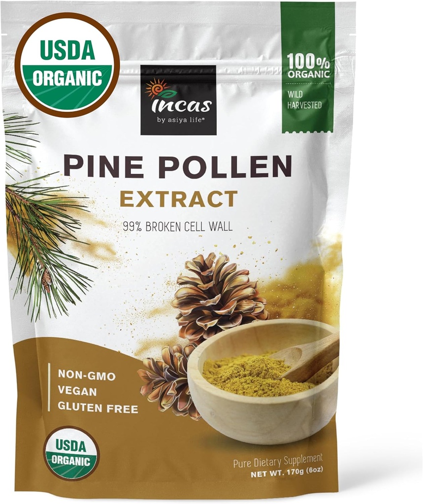 INCAS 100% USDA Organic Pine Pollen Powder (6 ουγγιά) Μη ΓΤΟ Επαληθευμένο 99% Cracked Cell Wall, Wild HARVESTED, μη-ακτινοβολημένο, Ενισχύει την ενέργεια & ανοσοποιητική υποστήριξη, χωρίς πληρωτικά ή πρόσθετα