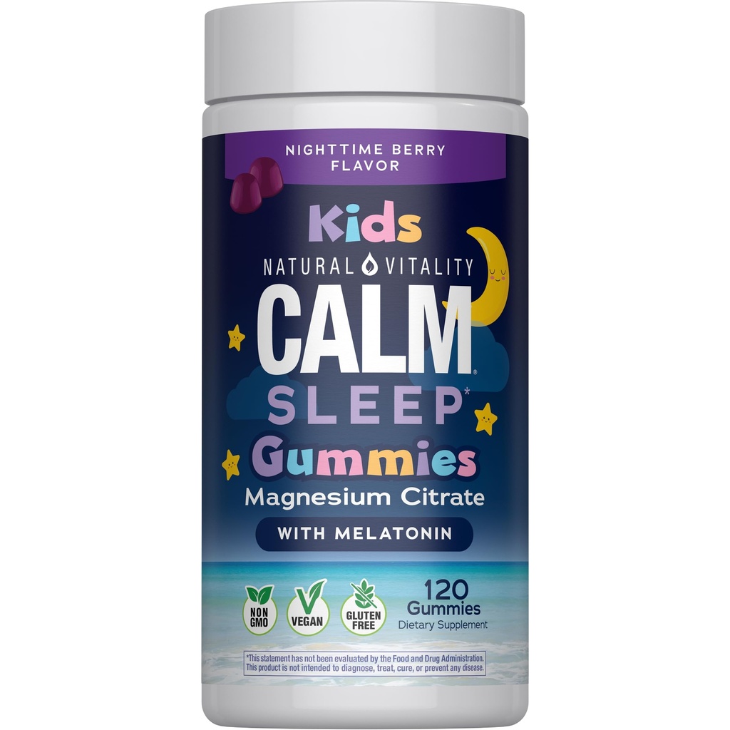 Natural Vitality Calm, Magnesium Citrate Kids Supplement, Stress Relief Gummies, Supports a Healthy Response to Stress, Gluten Free, Vegan, Nighttime Berry, 120 Gummies
