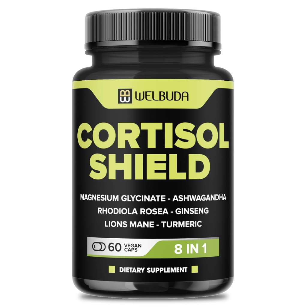 8in1 Cortisol Shield - Ashwagandha ve Magnezyum, Rhodiola Rosea, Lions Mane, Gingsen ve 3 More - Rahatlama & Restful Night Support & Mood Balance - 60 Count