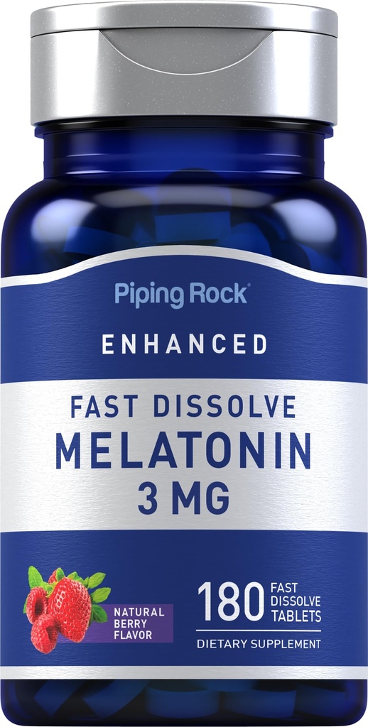 Piping Rock Melatonin 3mg | 180 Fast Dissolve Tablets | Berry Flavor | Adult Support Formula | Non-GMO, Gluten Free