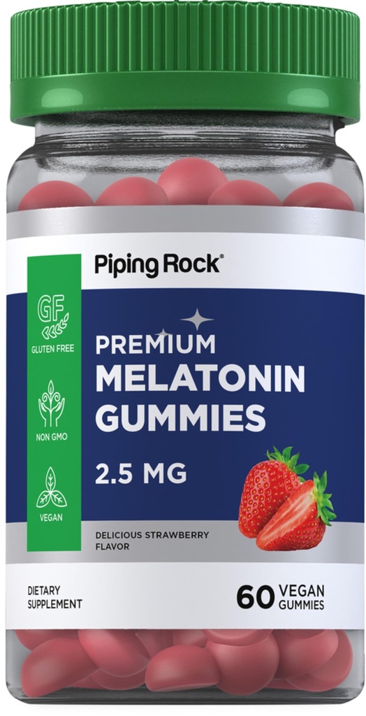 Piping Rock Melatonin Gummies 2.5 mg | 60 Count | Strawberry Flavor Gummy | Vegan, Non-GMO, Gluten Free Supplement