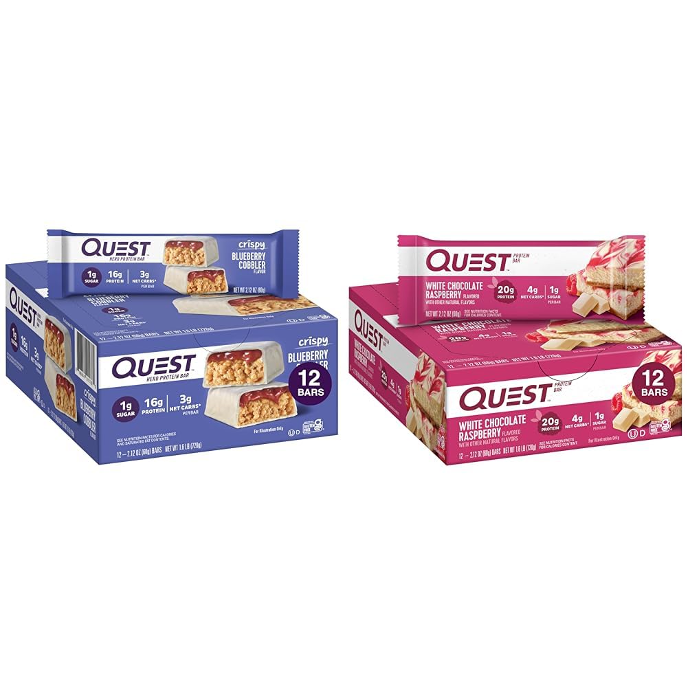 Quest Nutrition Crispy Blueberry Cobbler Hero Protein Bar, 16g Protein, 1g Sugar, 3g & White Chocolate Raspberry Protein Bars, High Protein, Low Carb, Gluten Free