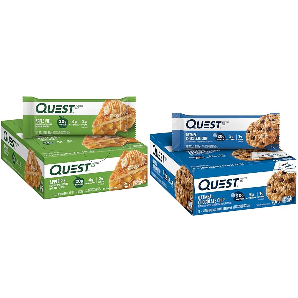 Quest Nutrition Apple Pie Protein Bar, 20g Protein, 4g Net Carbs, 2g Sugar, Gluten Free & Oatmeal Chocolate Chip Protein Bar, High Protein, Low Carb, Gluten Free, Keto Friendly