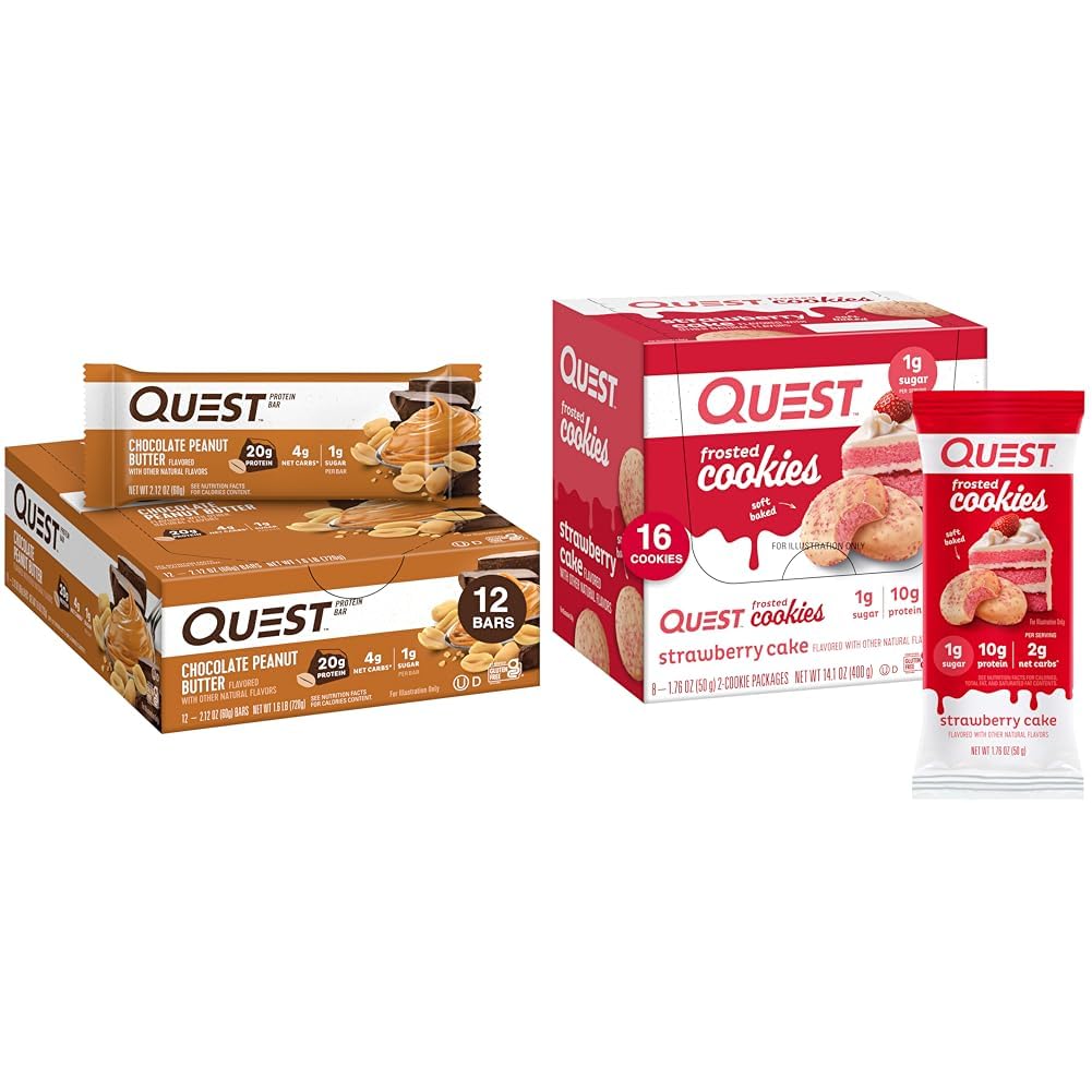 Quest Nutrition Chocolate Peanut Butter Protein Bars & Strawberry Cake Frosted Cookies Twin Pack Bundle, 12 Bars & 16 Cookies