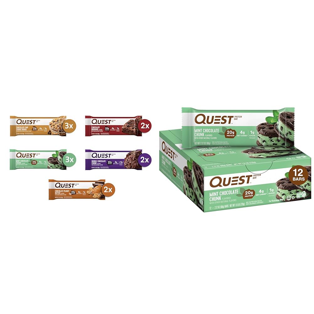Quest Chocolate Lovers Protein Bars Variety Pack with Mint Chocolate Chunk Protein Bars, High Protein, Gluten Free, 12 Count
