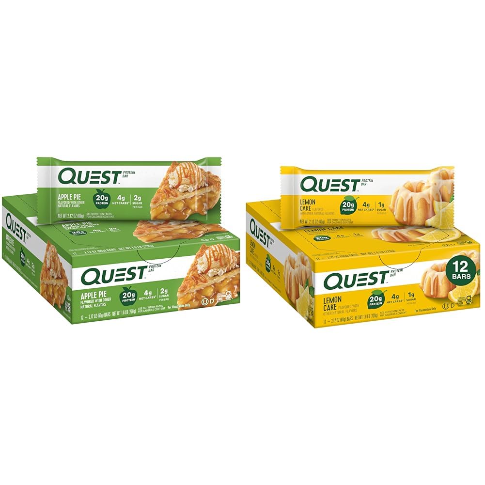 Quest Nutrition Apple Pie Protein Bar, 20g Protein, 4g Net Carbs, 2g Sugar, Gluten Free & Lemon Cake Protein Bars, High Protein, Low Carb, Gluten Free, Keto Friendly, 12 Count