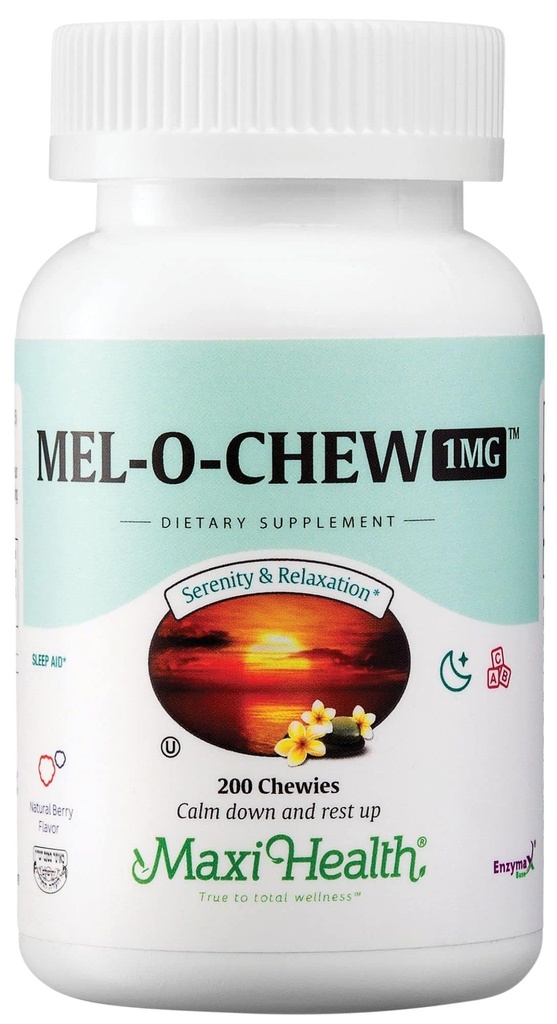 Maxi Health Melatonin 1mg Chewable - Sleep aid Melatonin to Encourage Natural Sleep – Non-Habit Forming Supplement with Enzymax for Fast-Acting Support Kosher (200 Units)