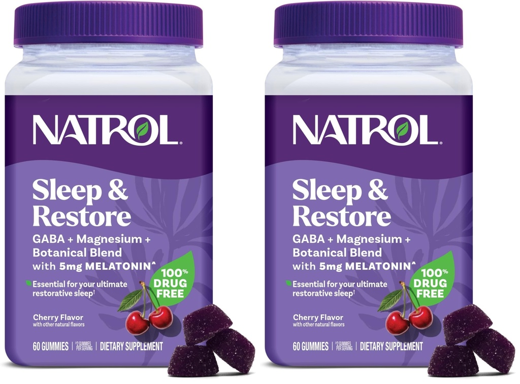 Natrol Sleep + Restore Magnesium Glycinate Blend Gummies with Melatonin 5mg - Calm Magnesium with GABA,Botanical Blend,Cherry Flavor,60 Gummies,(Pack of 2)