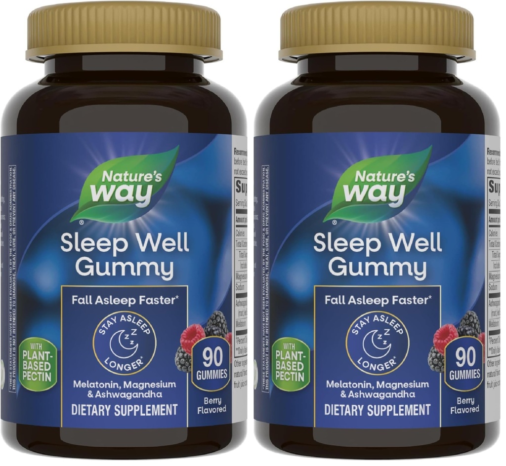 Nature's Way Sleep Well Melatonin and Magnesium Gummies,Sleep Support for Adults*,with Ashwagandha,Berry Flavored,90 Gummies,(Pack of 2)